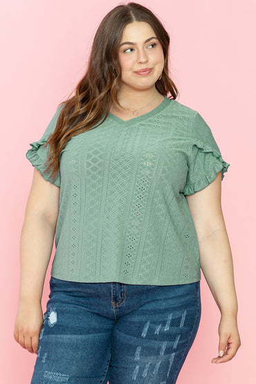 Laurel Green floral sleeve jacquard V-neck blouse for curvy figures