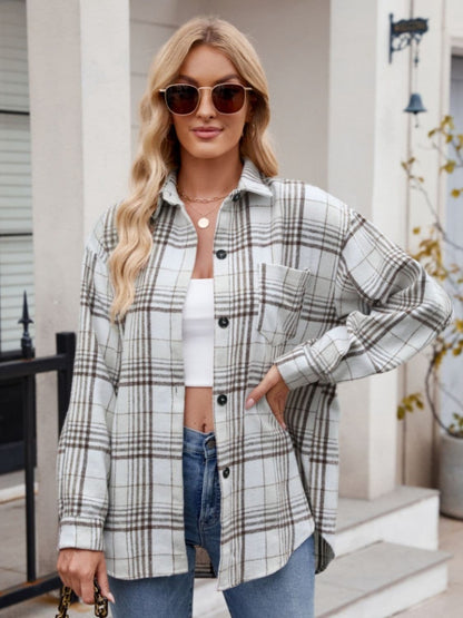 Pocketed Plaid Collared Neck Long Sleeve Shirt.