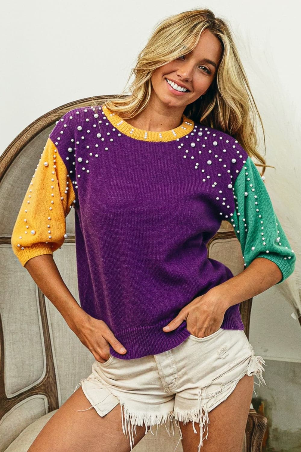 BiBi Color Block Pearl Detail Round Neck Sweater.