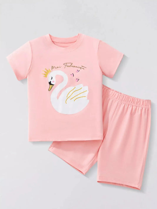 Children's Swan Round Neck Tee and Shorts Casual Set Simply Love