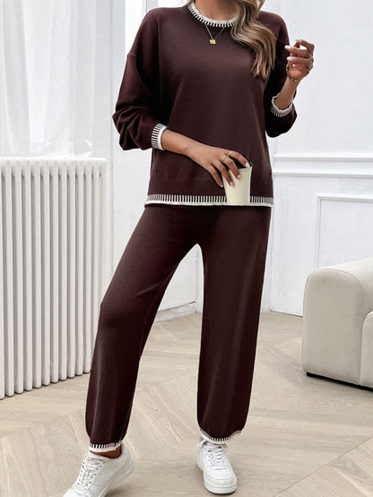 Round Neck Dropped Shoulder Top and Pants Sweater Set.