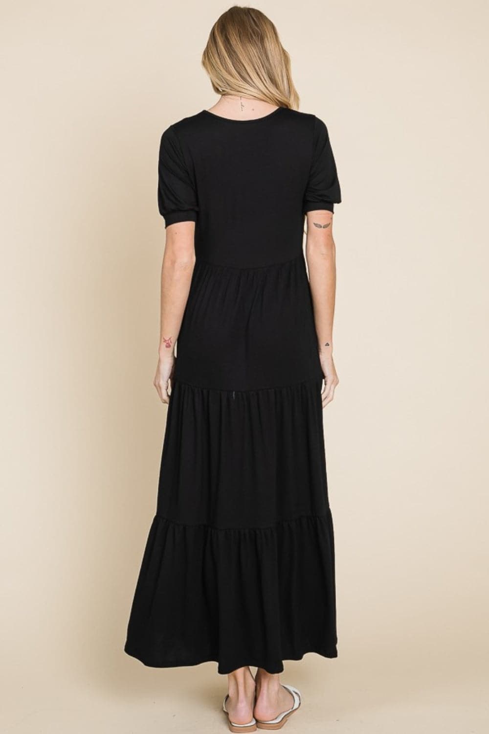 BOMBOM Short Sleeve Tiered Maxi Dress.