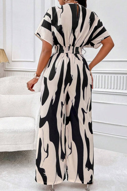 Printed V-Neck Short Sleeve Wide Leg Jumpsuit.