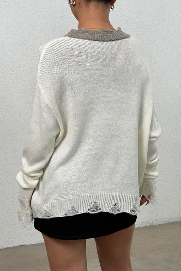 Distressed V-Neck Dropped Shoulder Sweater.