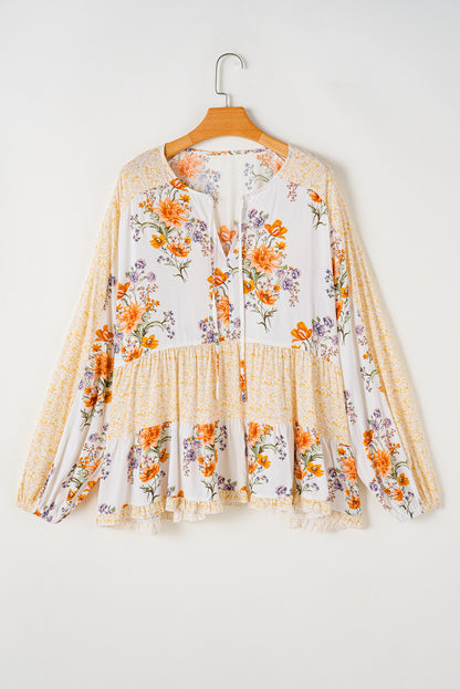 Chic white floral print blouse with puff sleeves for plus sizes