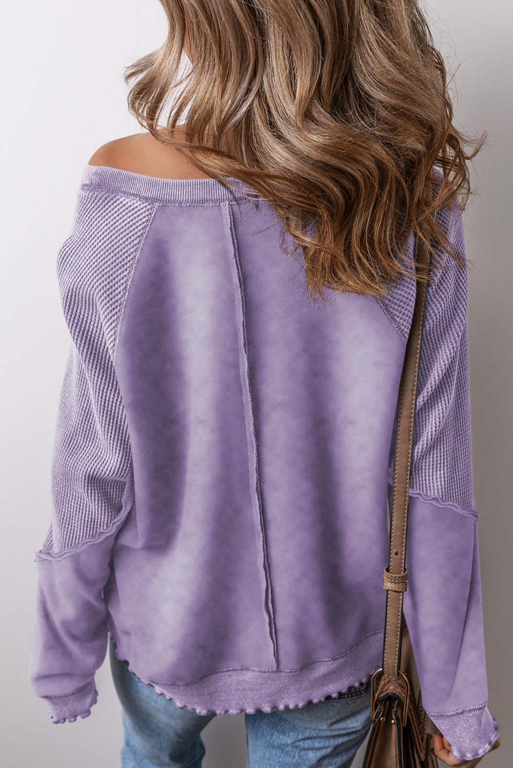 Orchid petal cozy patchwork raglan sweatshirt