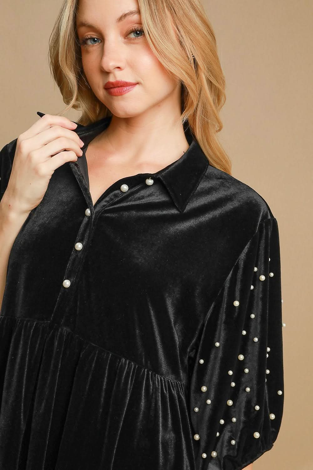 Velvet Babydoll Blouse with Pearl Accents and Half Sleeves