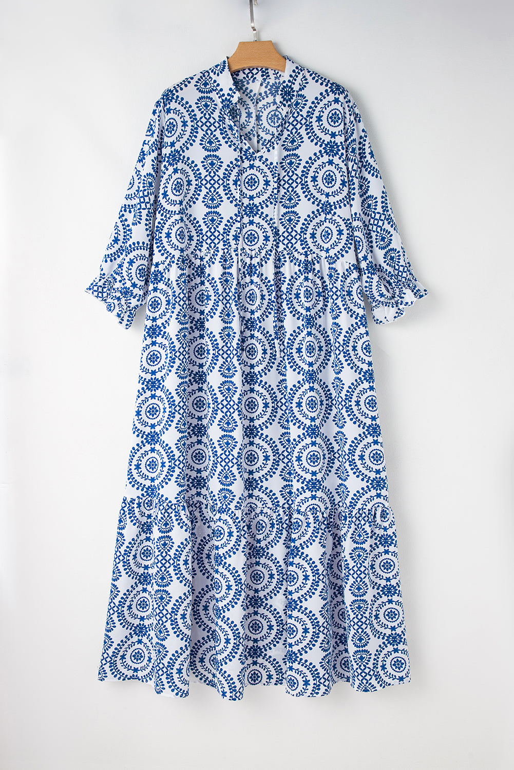 Sky blue geometric lace-up maxi dress with notch neck for plus sizes