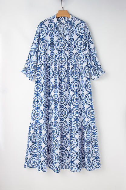 Sky blue geometric lace-up maxi dress with notch neck for plus sizes