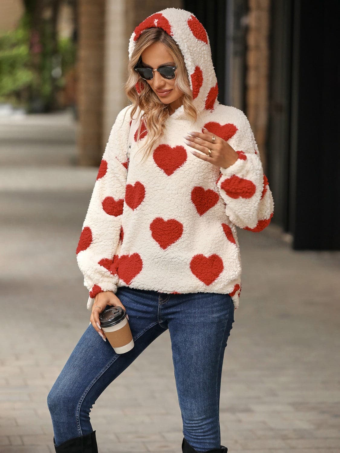 Fuzzy Heart Pocketed Dropped Shoulder Hoodie.