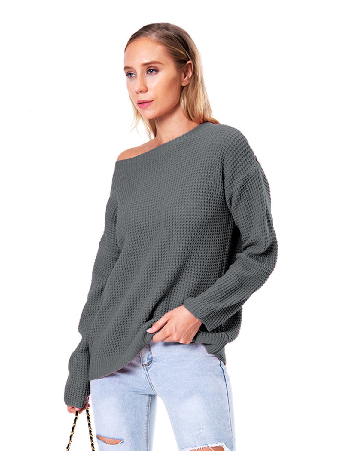 Boat Neck Drop Shoulder Long Sleeve Sweater.