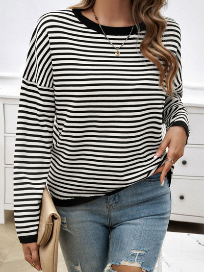 Striped Round Neck Dropped Shoulder Sweater.