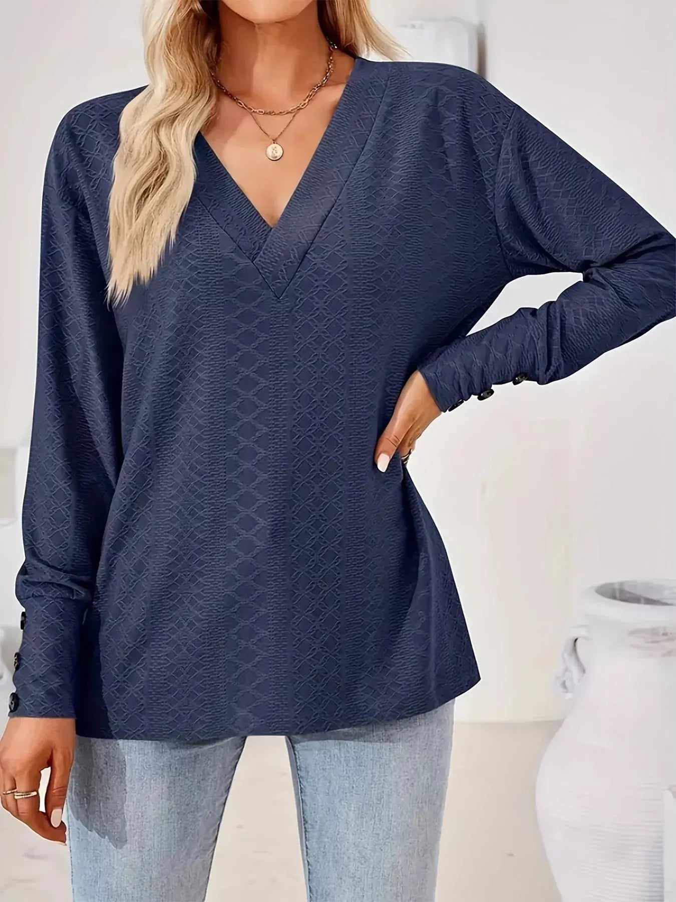 Plus Size V-Neck Textured Long Sleeve T-Shirt Simply Love