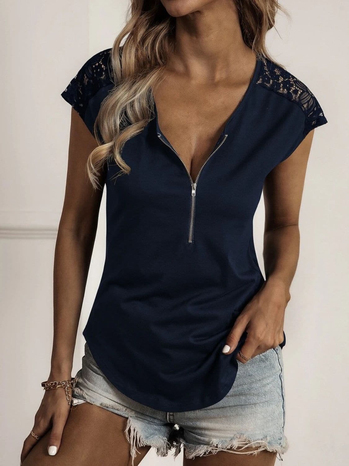 Lace Detail Half Zip Cap Sleeve T-Shirt.