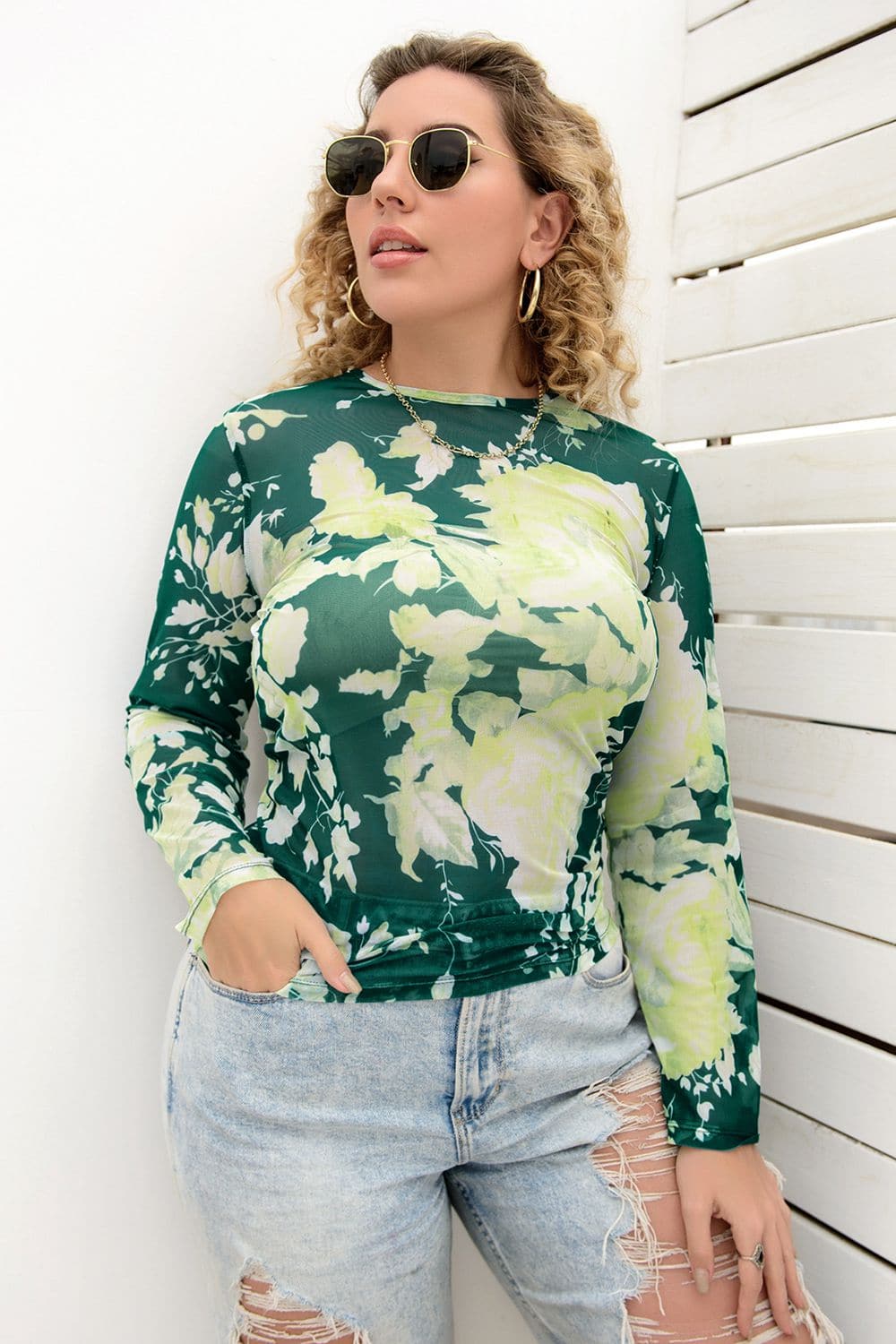 Plus Size Printed Round Neck Long Sleeve Blouse.