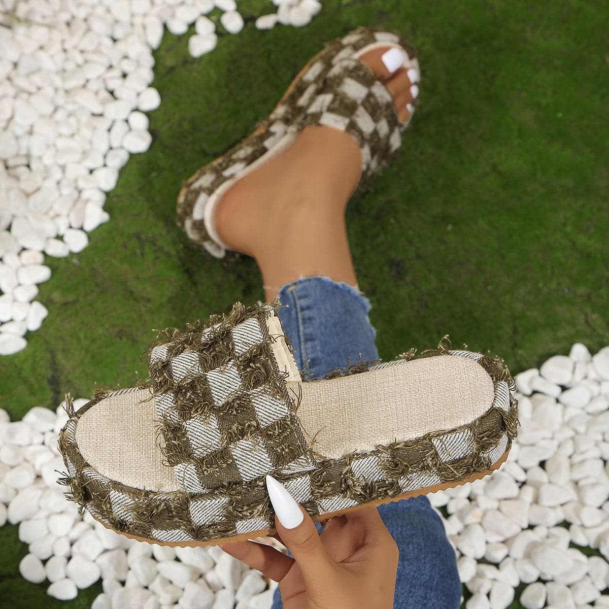 Fringe Checkered Platform Sandals.