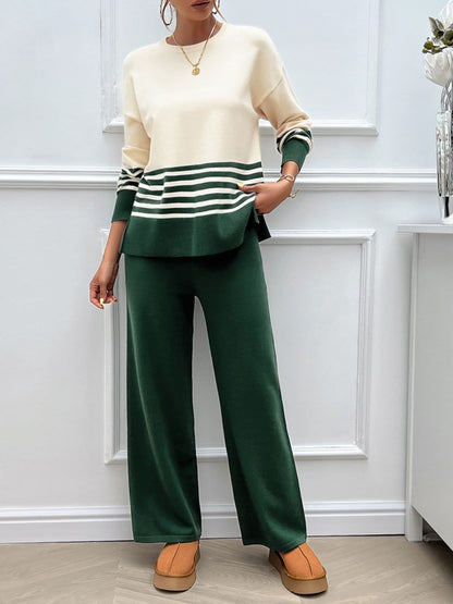 Chic striped sweater set with slit detail and round neck