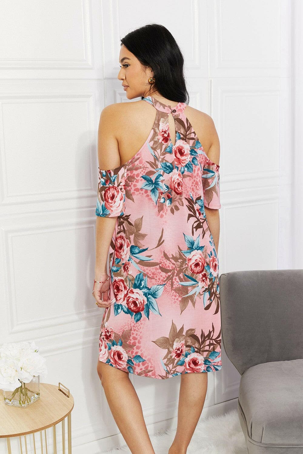 Sew In Love Full Size Fresh-Cut Flowers Cold-Shoulder Dress.