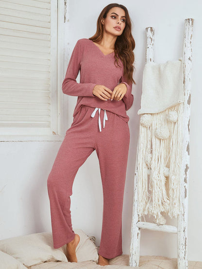 Chic Notched Long Sleeve Top and Pants Combo