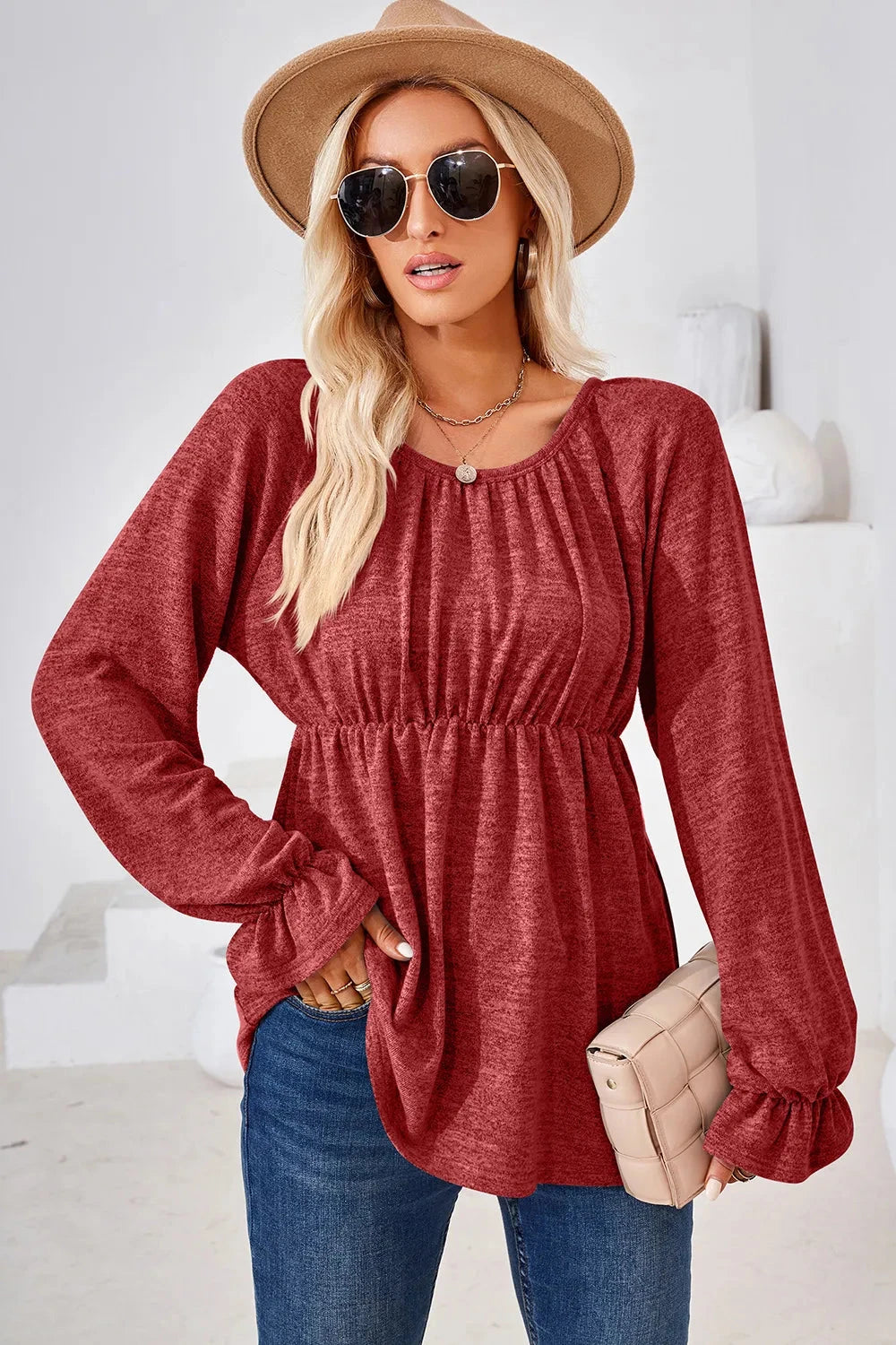 Ruched Round Neck Flounce Sleeve Blouse Coco’s Tee Boutique