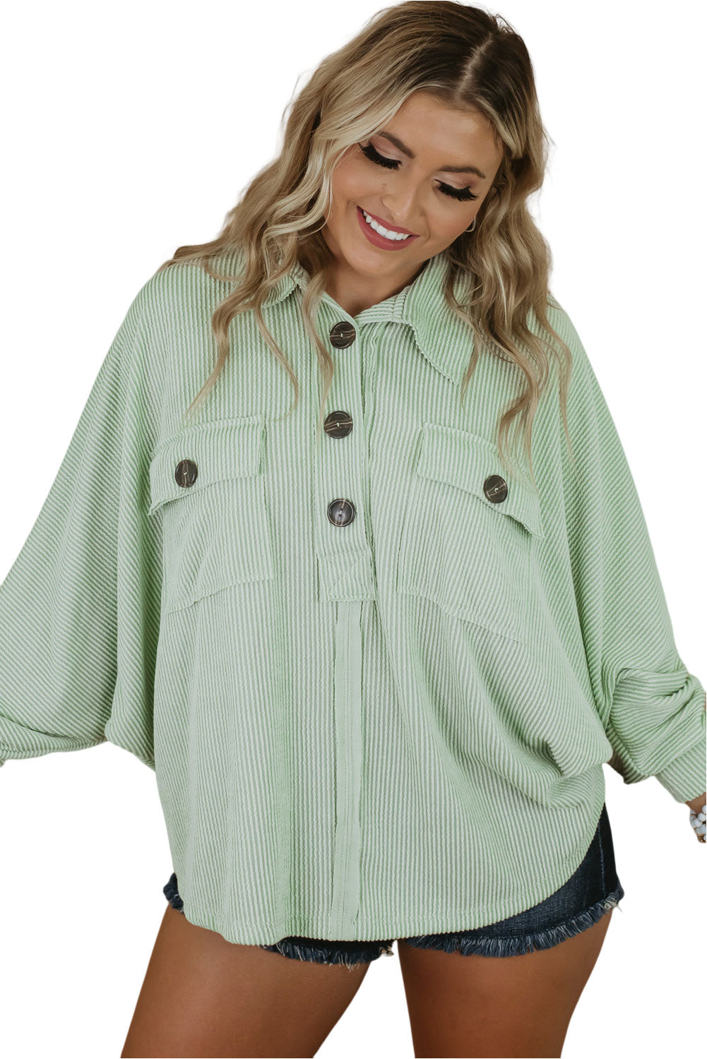 Chic green plus size ribbed henley top with pockets and long sleeves