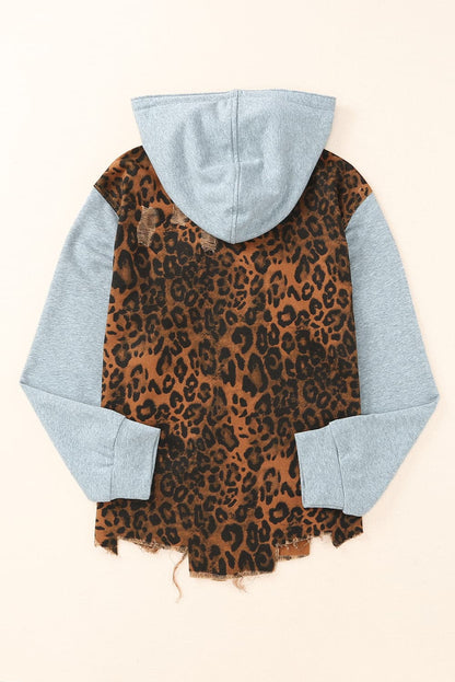 Leopard Distressed Drawstring Hooded Denim Jacket.