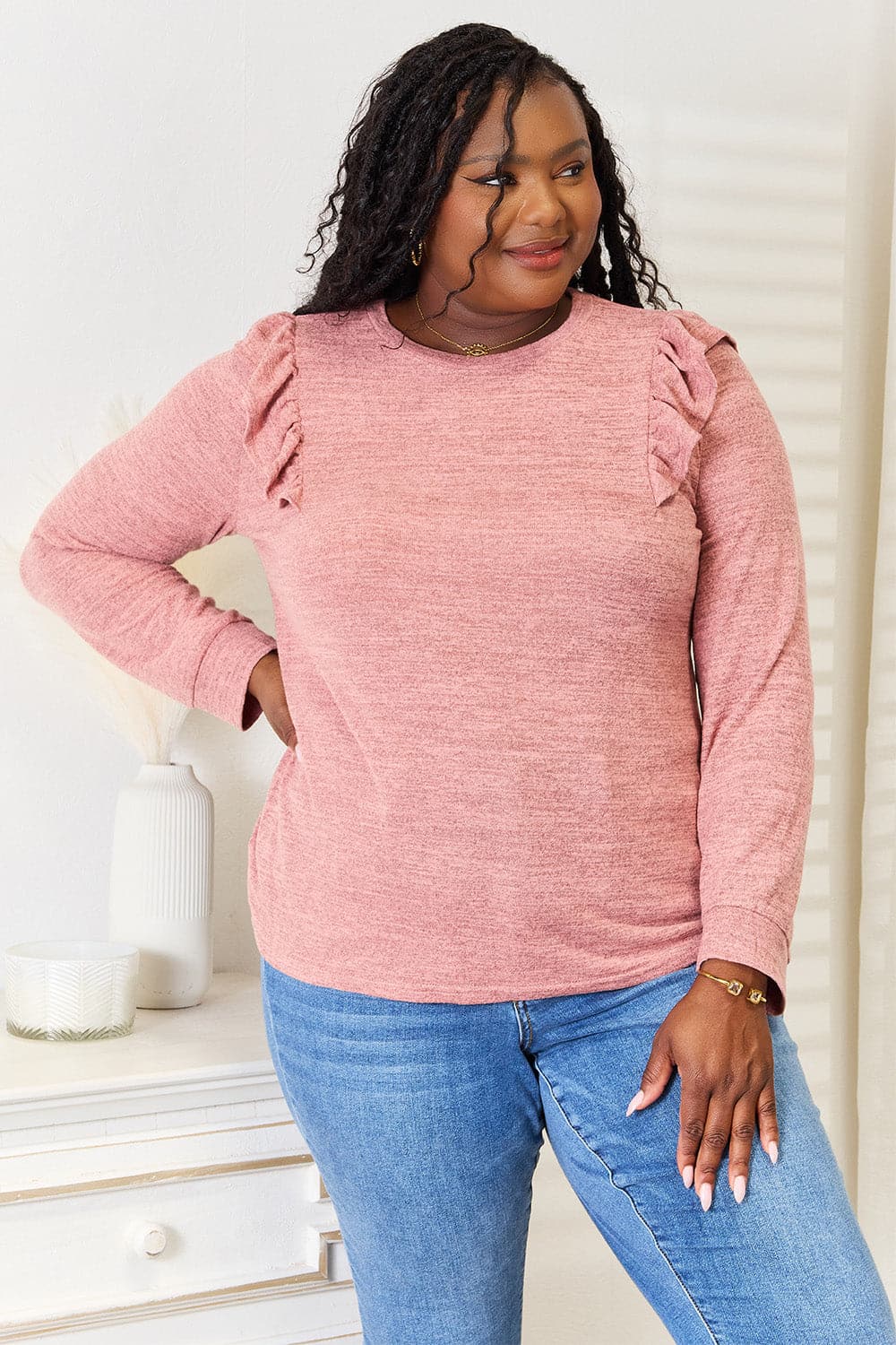 Double Take Ruffle Shoulder Long Sleeve T-Shirt.