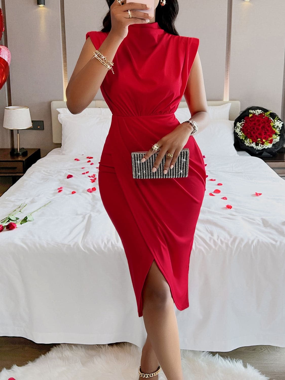 Cutout Slit Mock Neck Sleeveless Dress.