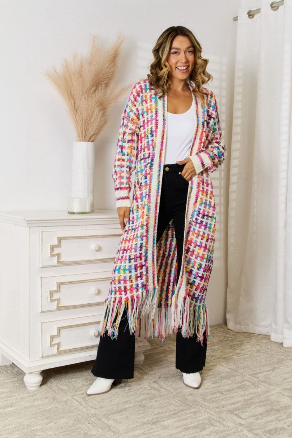 Multicolored Open Front Fringe Hem Cardigan.