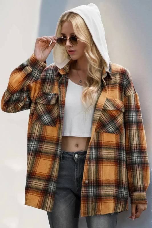 Double Take Drawstring Plaid Long Sleeve Hooded Shacket - Love Salve