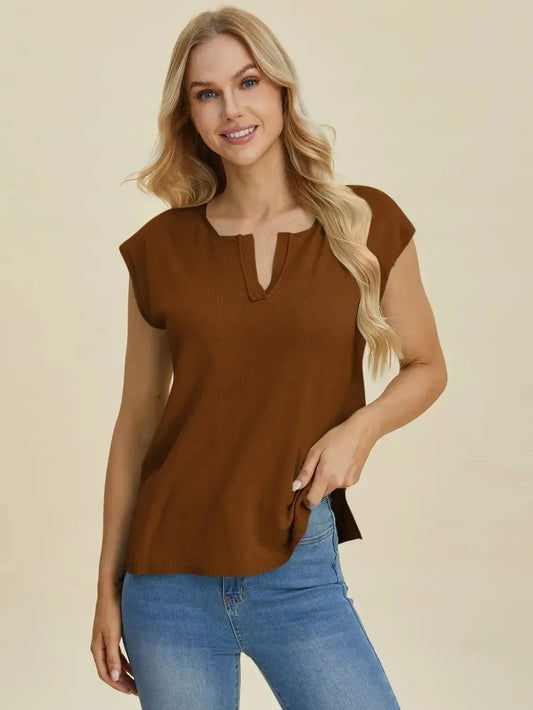 Double Take Full Size Notched Cap Sleeve Knit Top - Love Salve
