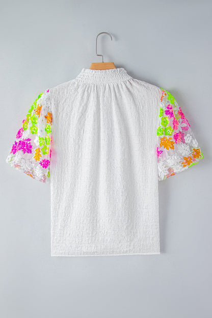 Floral Sequin Mock Neck Blouse – White