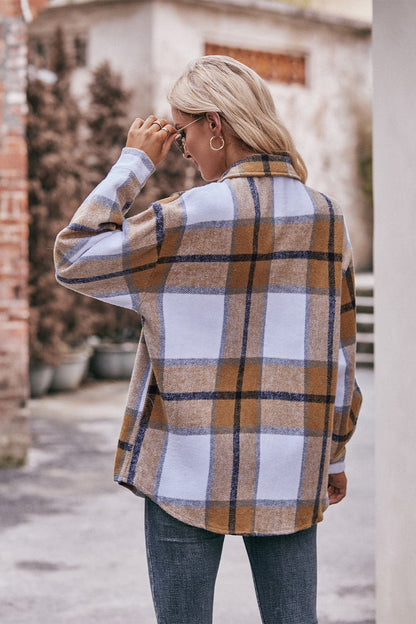 Plaid Long Sleeve Shirt Jacket with Pockets.