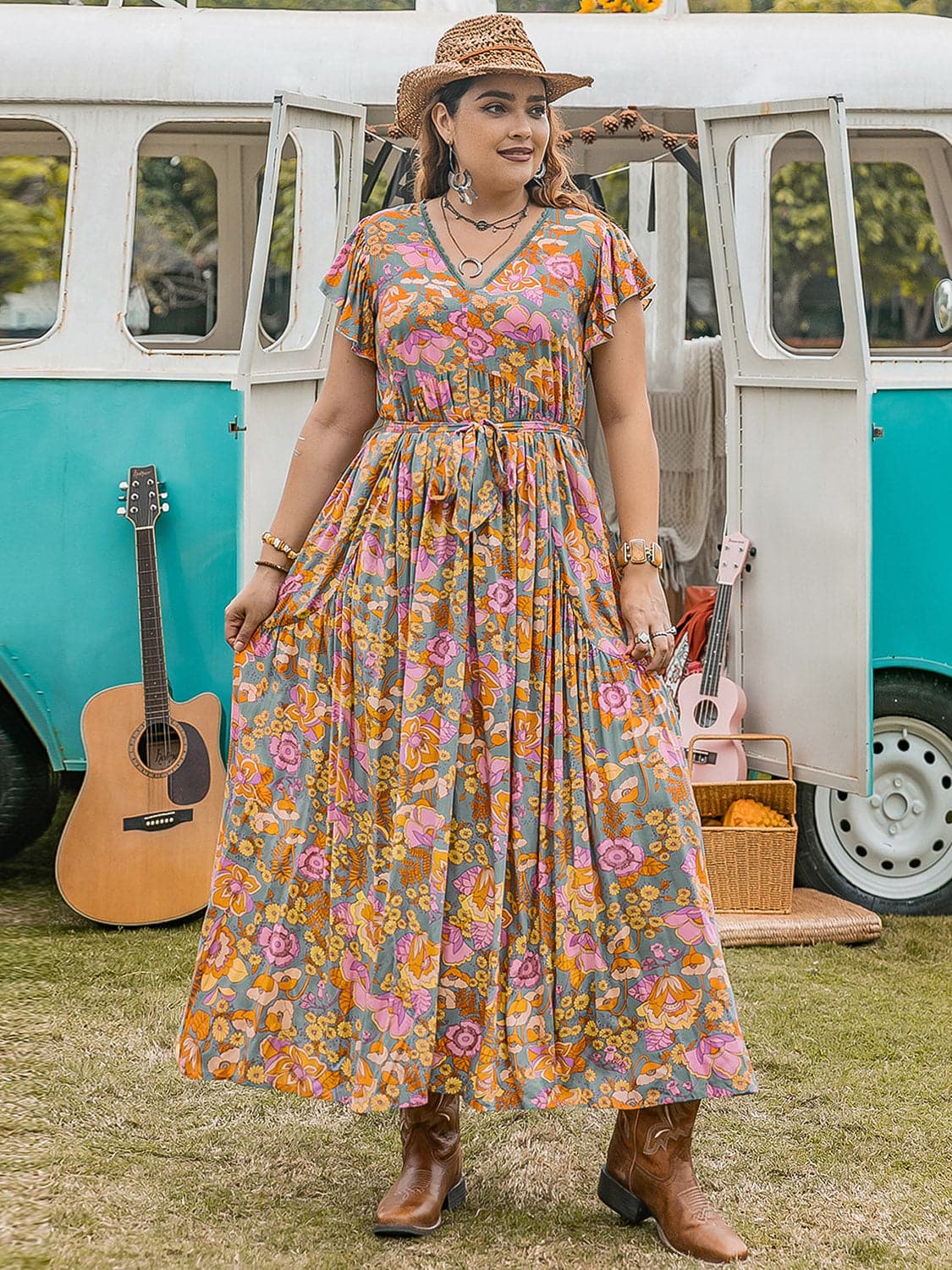 Plus Size Ruffled Printed Cap Sleeve Dress.