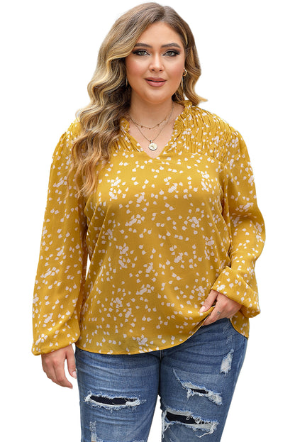 Floral elegance: Yellow plus size blouse with ruched details