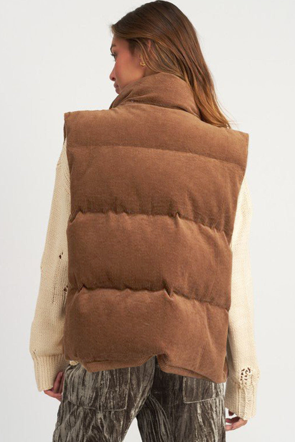 Cozy coffee corduroy puffer vest with stand neck and zipper closure