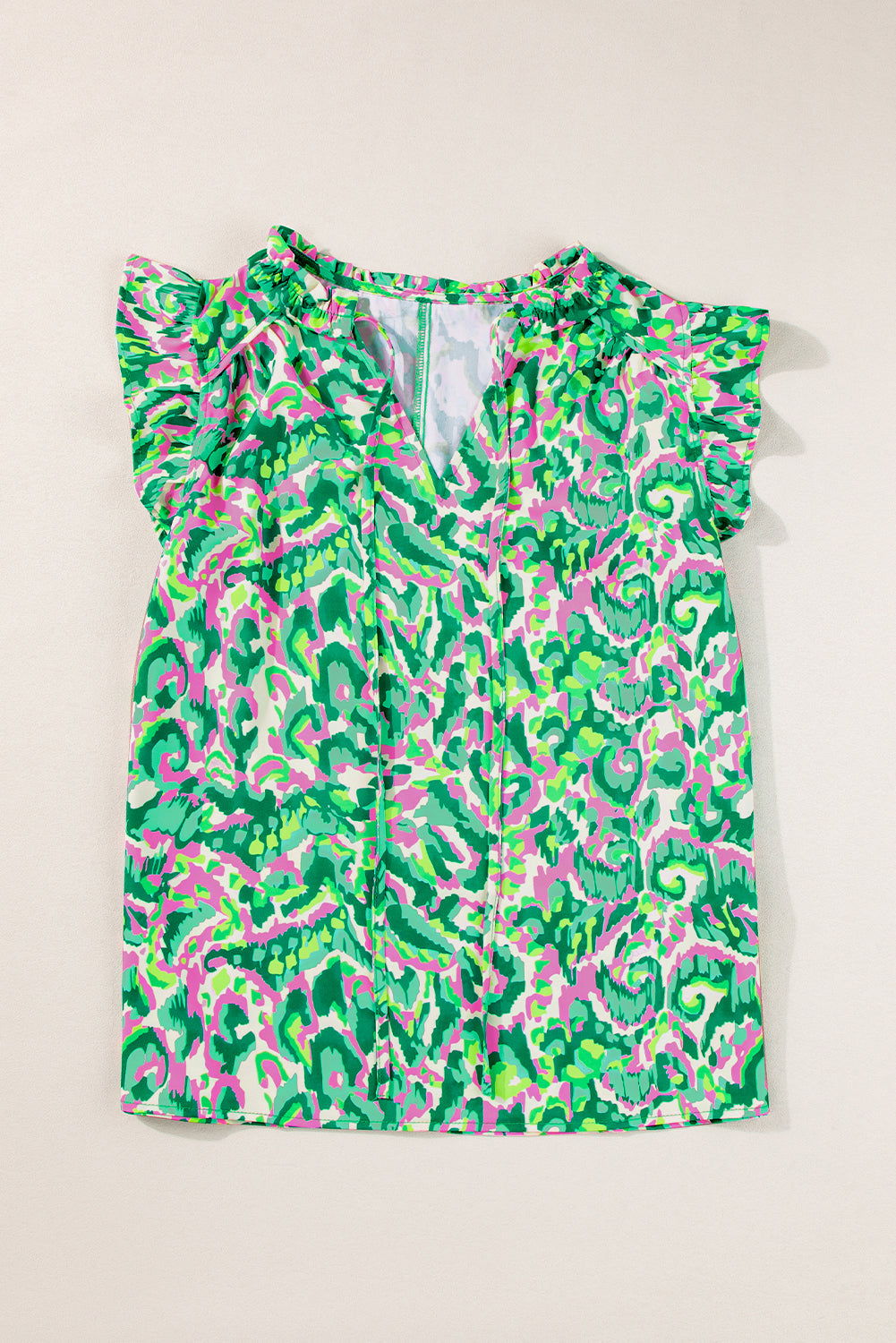 Chic green abstract print ruffled tank top with tied neckline