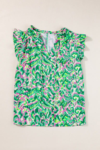 Chic green abstract ruffled tank top