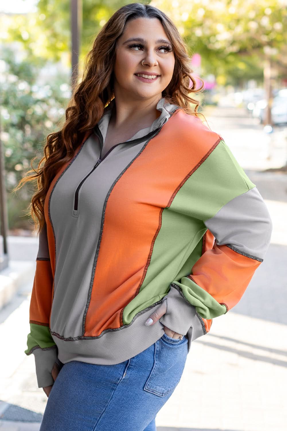 Light Grey Color Block Stitching Detail Half Zipper Sweatshirt - Love Salve 