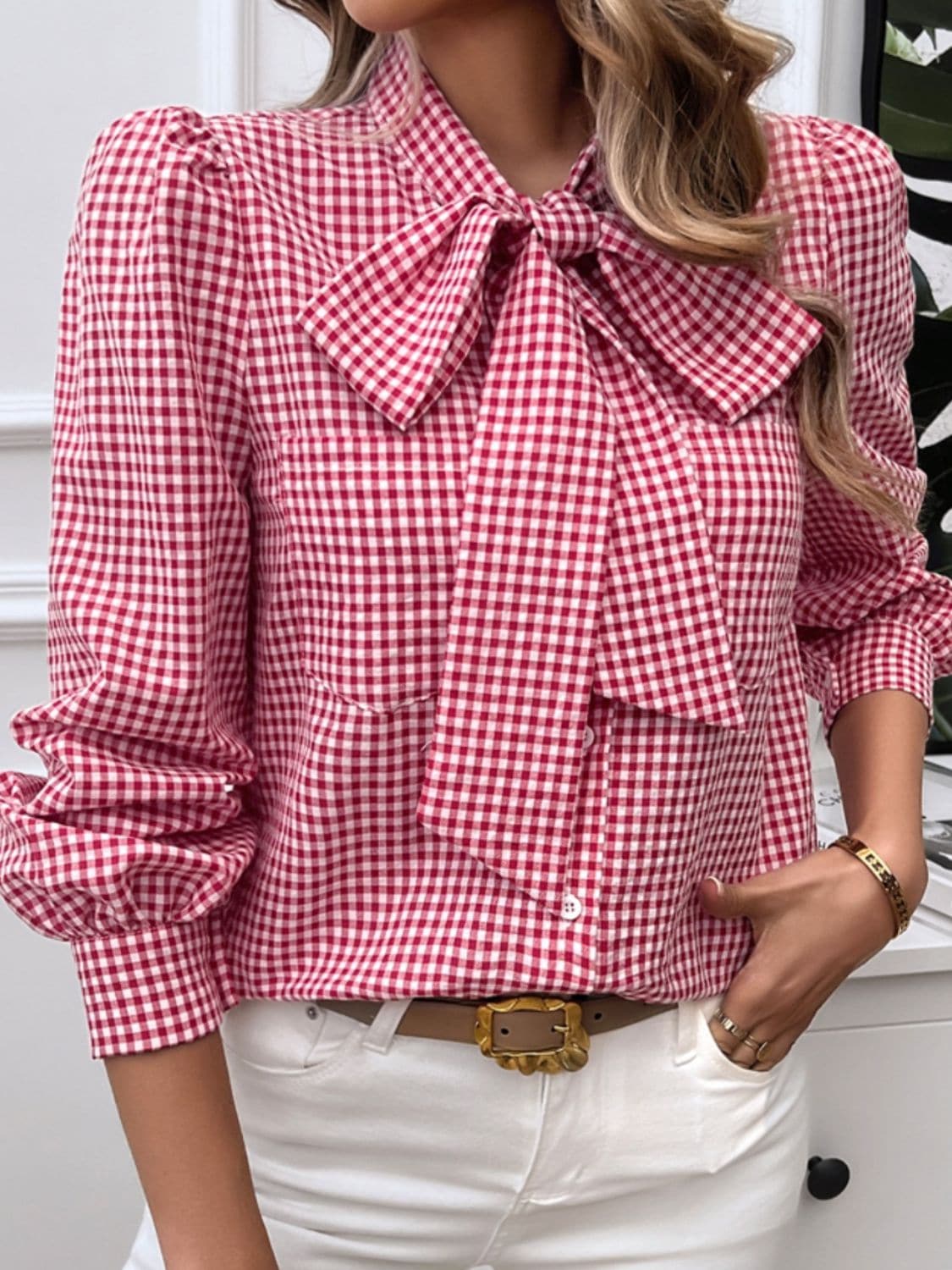 Plaid tie-neck long sleeve top