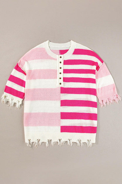 Striped Round Neck Half Sleeve Knit Top.