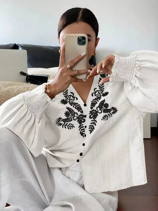 Embroidered Notched Long Sleeve Blouse Simply Love