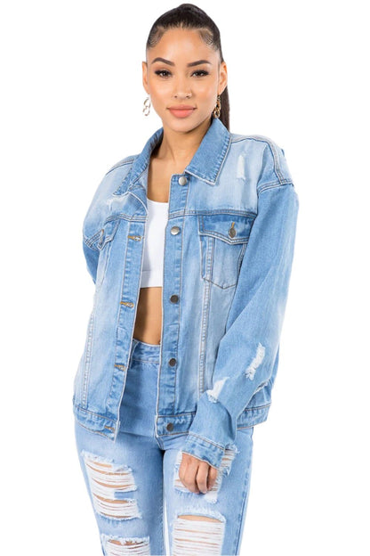 American Bazi Graphic Distressed Long Sleeve Denim Jacket.