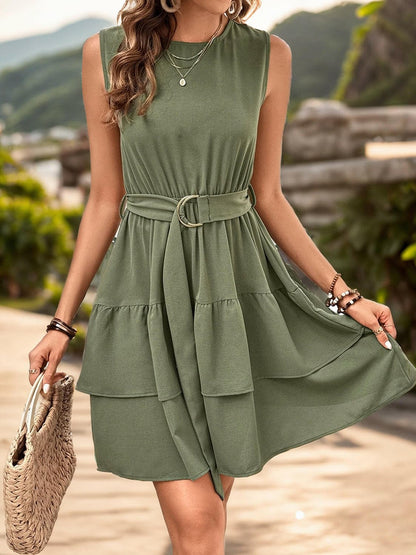 Layered Round Neck Sleeveless Mini Dress.