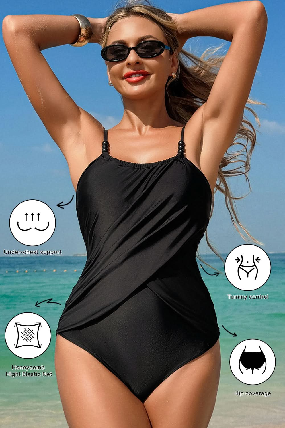 Colorblock Black Beaded Spaghetti Strap Ruched One Piece Swimsuit