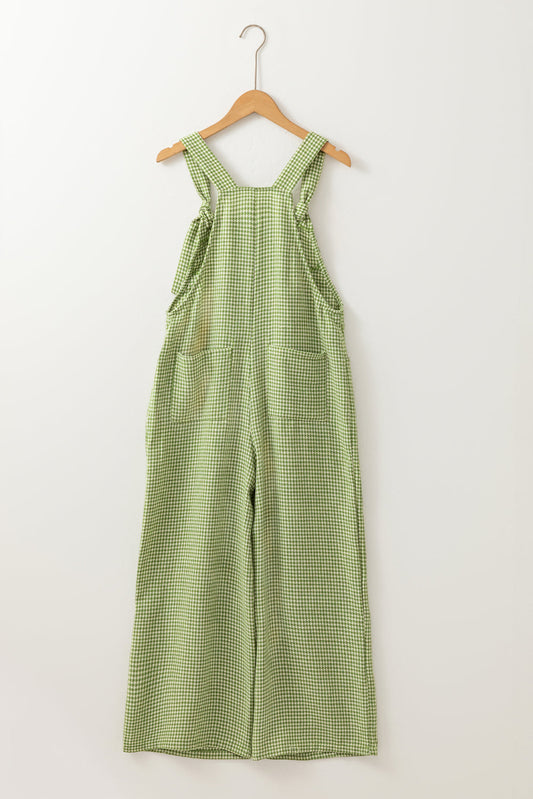 Green Gingham Wide Leg Overalls With Pockets For Women Dear-Lover Dropshipping