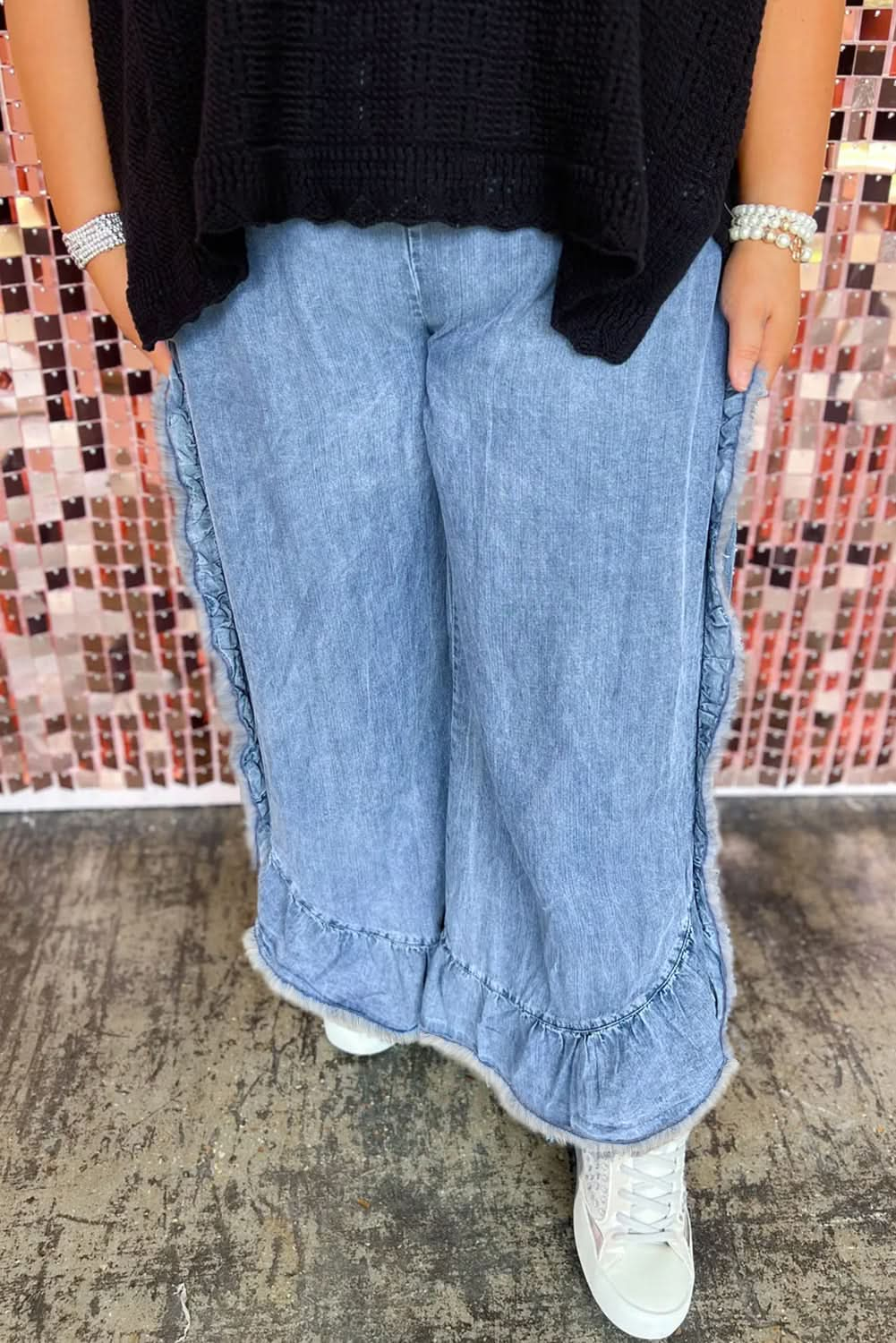 Plus Size Ruffled Ankle Jeans with Lace-Up Waist in Blue