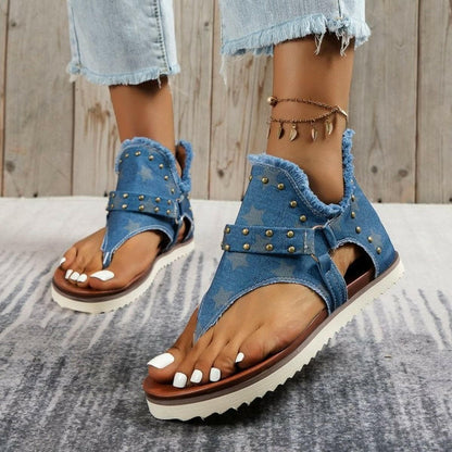 Rivet Detail Frayed Edge Slide Sandals.