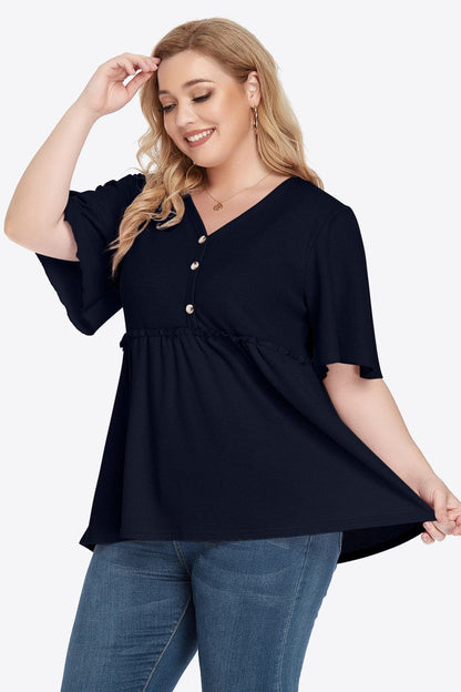 Plus Size Buttoned V-Neck Frill Trim Babydoll Blouse.