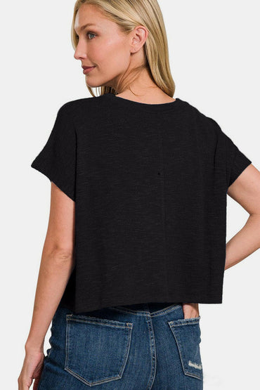 Zenana Round Neck Short Sleeve Crop T-Shirt.